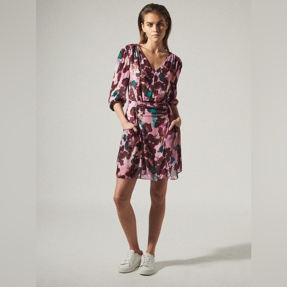 REISS JOSEPHINE PINK FLORAL PRINTED MINI LONG SLEEVE DRESS size 4 - Picture 2 of 11